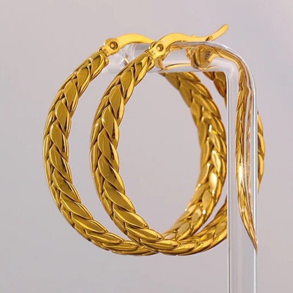 NEW 14K Yellow Gold Elyvian Boho Twisted Chain Statement Luxury Hoop Earrings